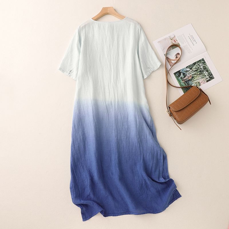 Short-Sleeve Gradient Asymmetrical Midi Sundress