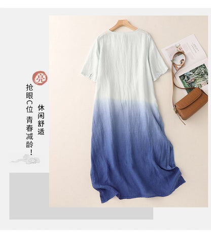 Short-Sleeve Gradient Asymmetrical Midi Sundress