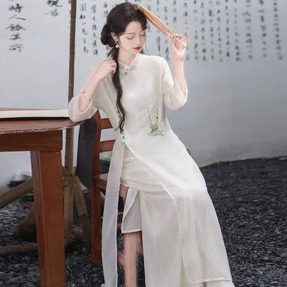 Set: 3/4-Sleeve Flower Embroidered Midi Hanfu Dress + Plain Wide Leg Pants