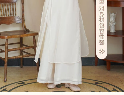 Set: 3/4-Sleeve Flower Embroidered Midi Hanfu Dress + Plain Wide Leg Pants