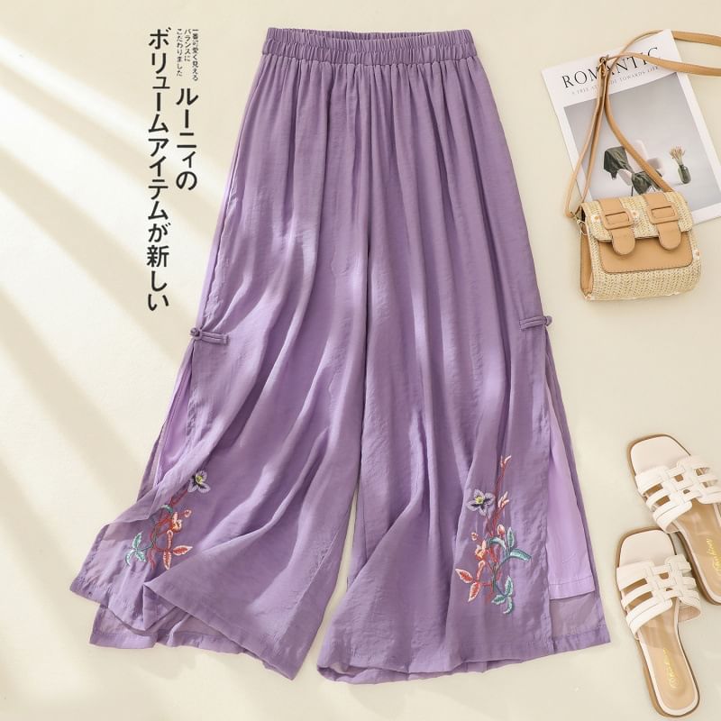 High Waist Flower Embroidered Wide Leg Pants