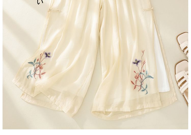 High Waist Flower Embroidered Wide Leg Pants