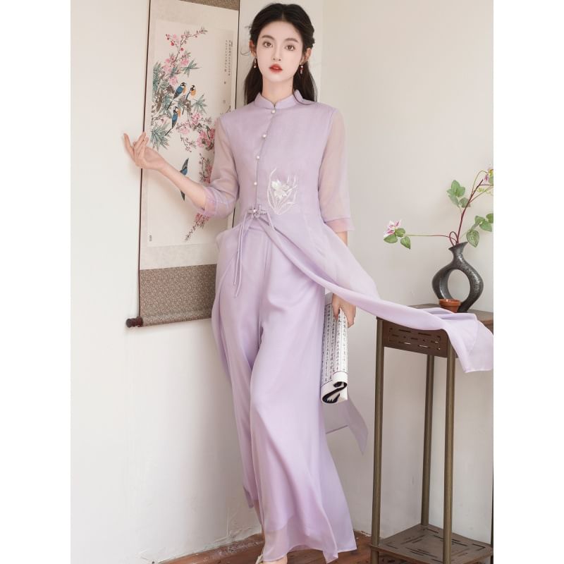 Set: Elbow-Sleeve Flower Embroidered Hanfu Blouse + High Waist Plain Wide Leg Pants