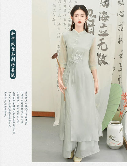 Set: Elbow-Sleeve Flower Embroidered Hanfu Blouse + High Waist Plain Wide Leg Pants