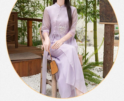 Set: Elbow-Sleeve Flower Embroidered Hanfu Blouse + High Waist Plain Wide Leg Pants