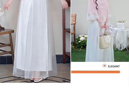 Flared-Sleeve Flower Embroidered Blouse / High Rise Plain Maxi A-Line Skirt