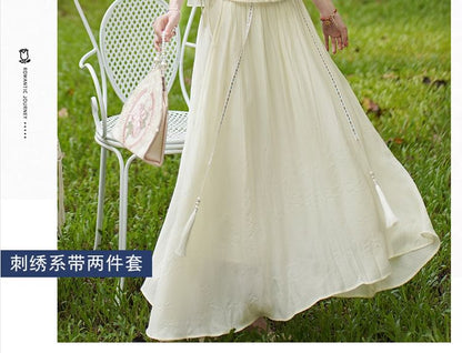 Set: Elbow-Sleeve Flower Embroidered Blouse + High Rise Plain Maxi A-Line Skirt