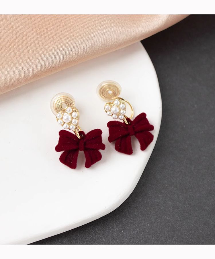 Bow Faux Earring Drop Pearl Alloy Heart