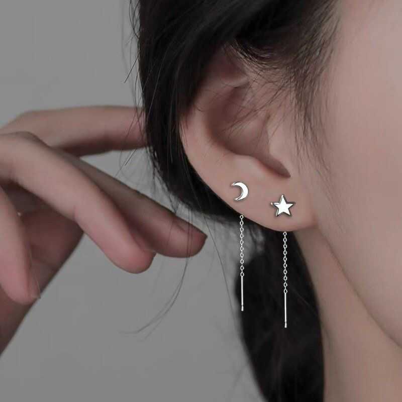 Moon & Star Asymmetrical Alloy Threader Earring