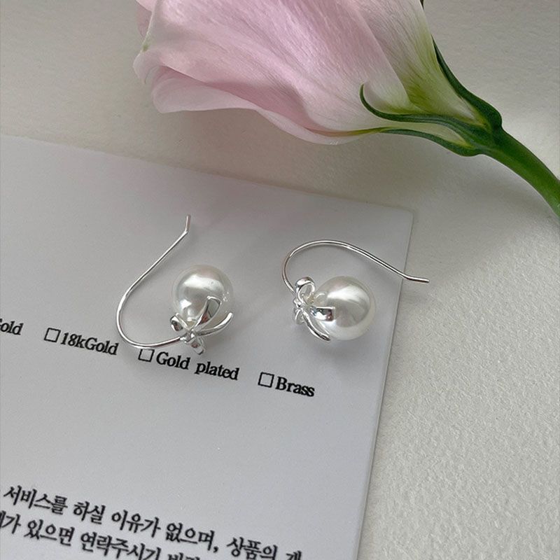 Bow Faux Pearl Alloy Drop Earring