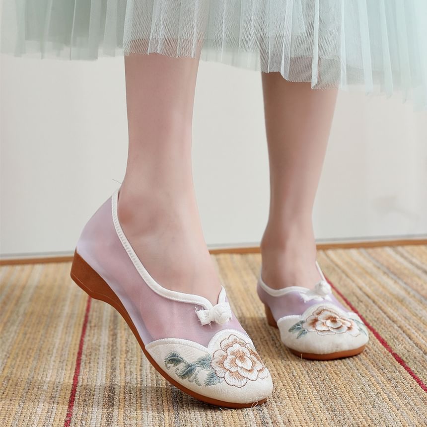 Mesh Embroidered Heel Slip-Ons Wedge