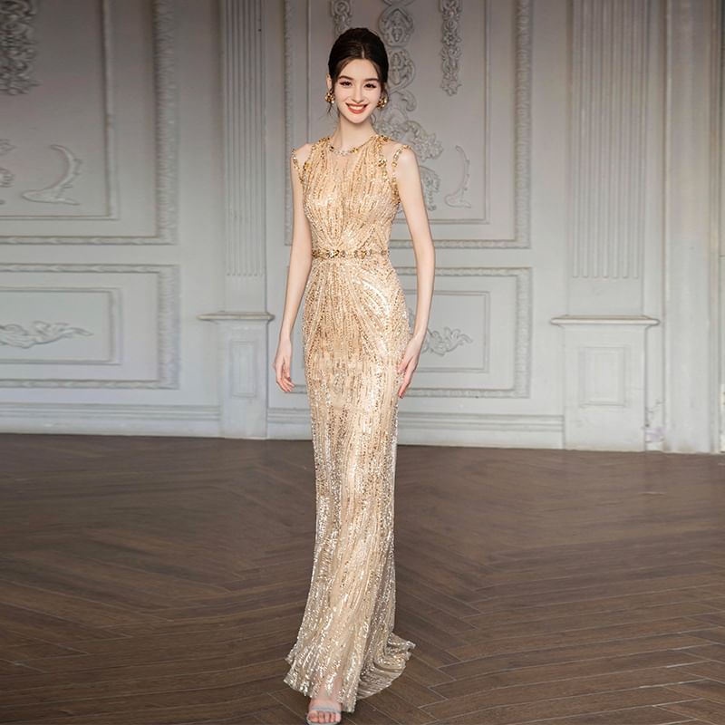 Sleeveless Sequin Embellished Evening Gown