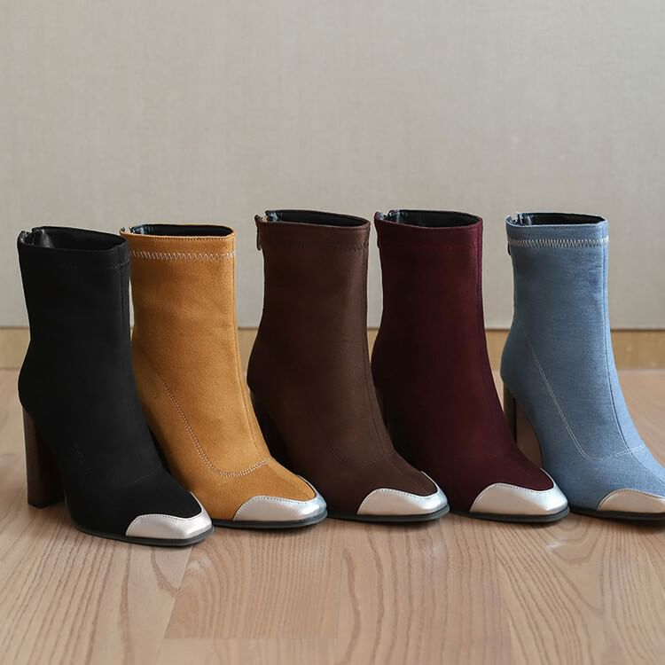 Boots Chunky Pointed Denim Heel Toe Short