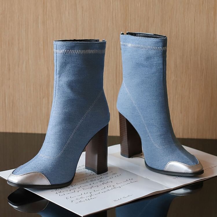 Denim Pointed Toe Chunky Heel Short Boots