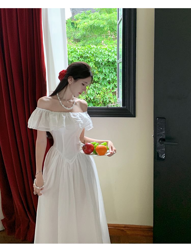 Dress A-Line Maxi Off-Shoulder Ruched Plain Short-Sleeve Ruffle Trim