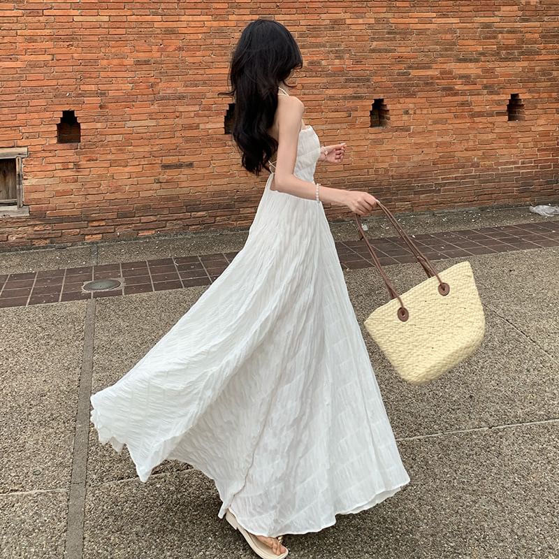 Thin Strap Square Neck Solid Crinkle Open Back Maxi A-Line Dress