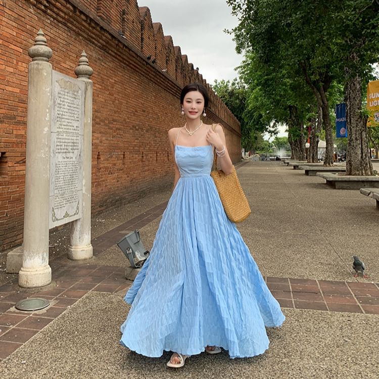 Thin Strap Square Neck Solid Crinkle Open Back Maxi A-Line Dress
