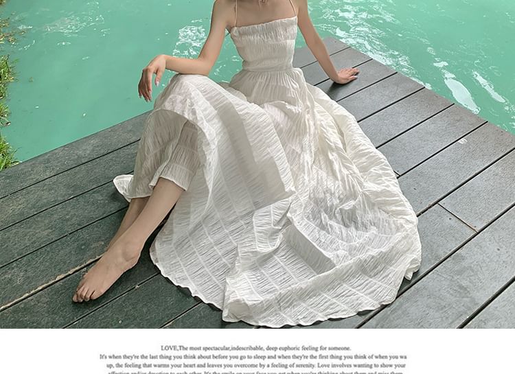 Thin Strap Square Neck Solid Crinkle Open Back Maxi A-Line Dress