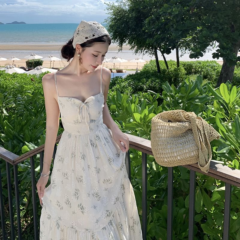 Back Dress Spaghetti Open Strap Floral Accent Bow Maxi Neck Print Square A-Line