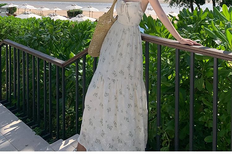 Back Dress Spaghetti Open Strap Floral Accent Bow Maxi Neck Print Square A-Line