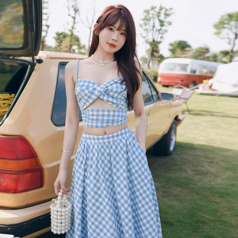 Open Waist + Top Skirt Gingham Midi Set: A-Line V-Neck Crop Ruched High Back Cutout Camisole