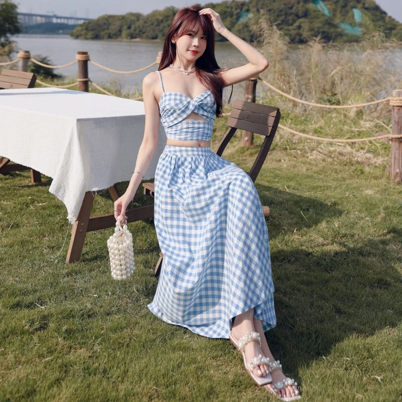 Open Waist + Top Skirt Gingham Midi Set: A-Line V-Neck Crop Ruched High Back Cutout Camisole