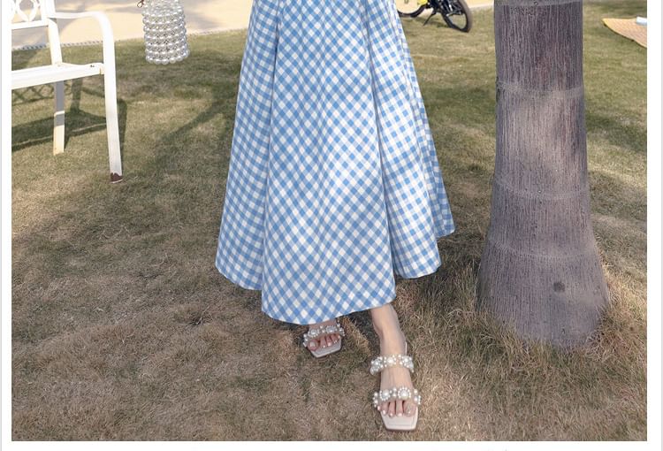 Open Waist + Top Skirt Gingham Midi Set: A-Line V-Neck Crop Ruched High Back Cutout Camisole