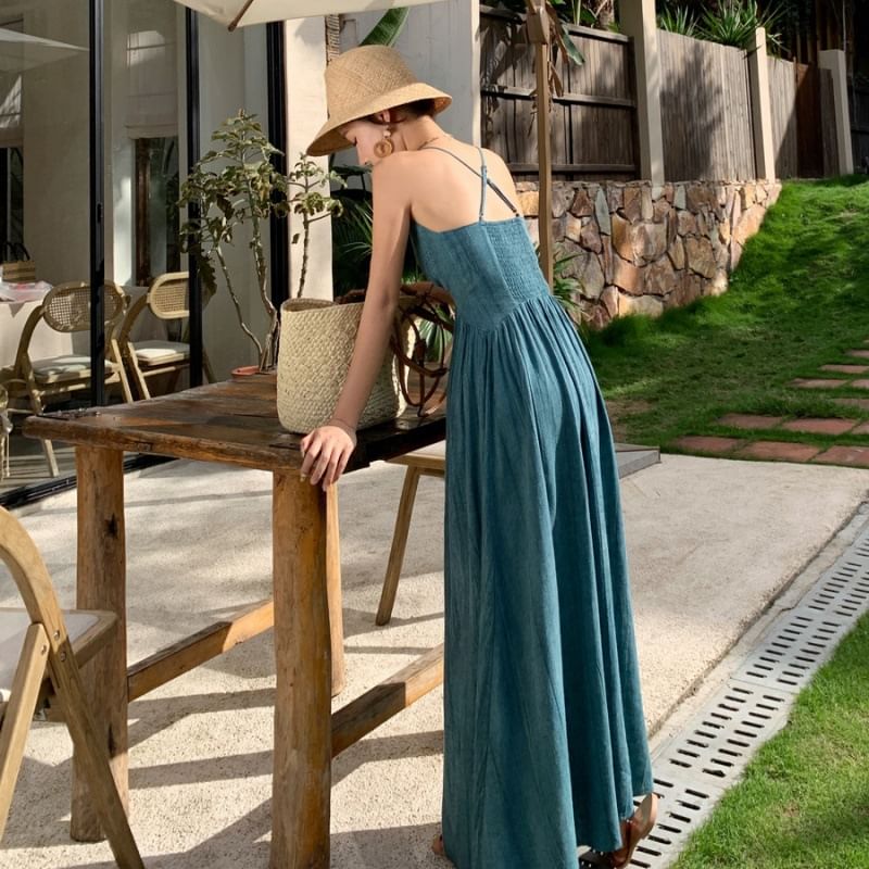 Dress Dye Tie Open Spaghetti Back A-Line Ruched Strap V-Neck Maxi
