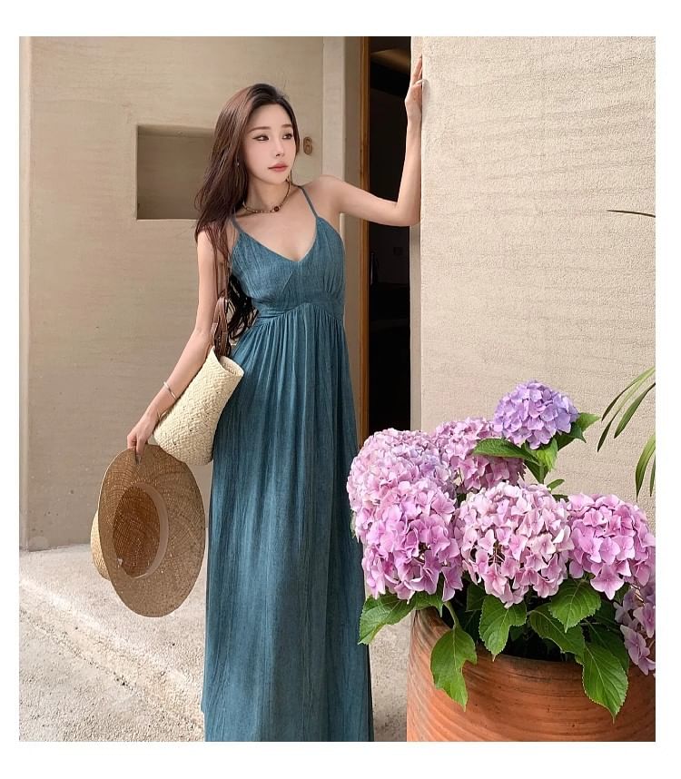 Dress Dye Tie Open Spaghetti Back A-Line Ruched Strap V-Neck Maxi