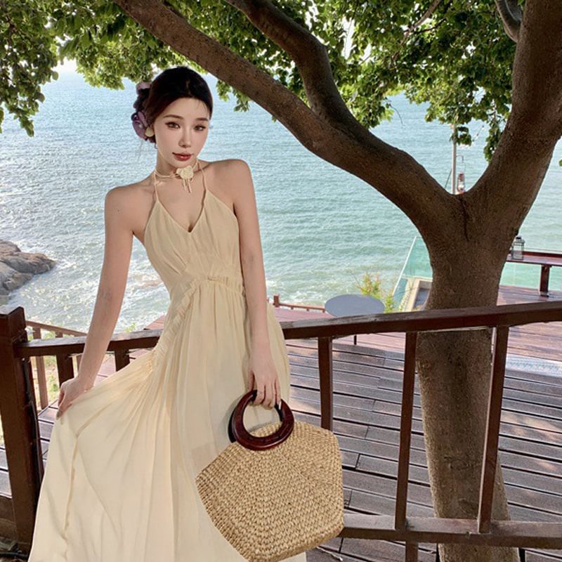 Frill Halter Plain Trim V-Neck Open Ruched Back A-Line Dress Maxi