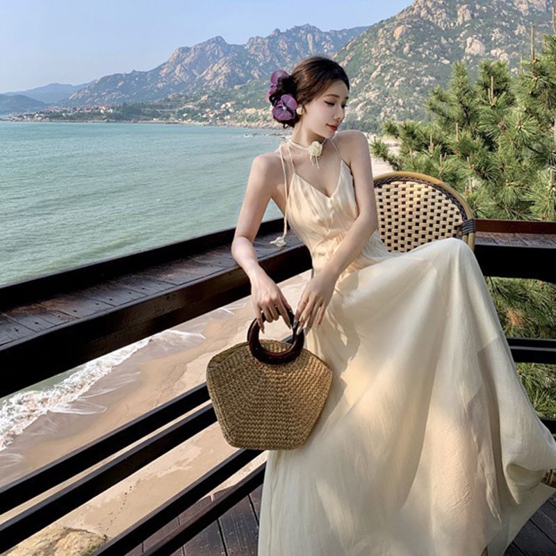 Frill Halter Plain Trim V-Neck Open Ruched Back A-Line Dress Maxi