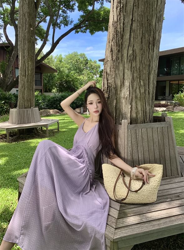 Halter Trim Maxi V-Neck Frill Open Dress Plain A-Line Back