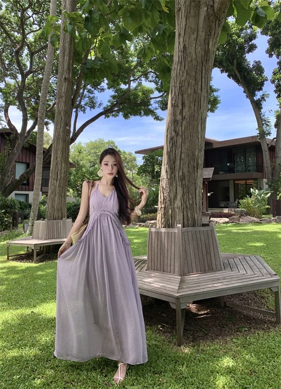 Halter Trim Maxi V-Neck Frill Open Dress Plain A-Line Back