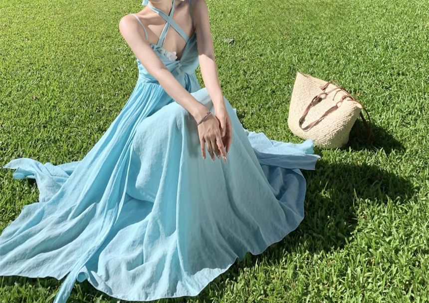 A-Line Open Dress Ruched Back Maxi Halter Plain Accent Floral Neck Layered