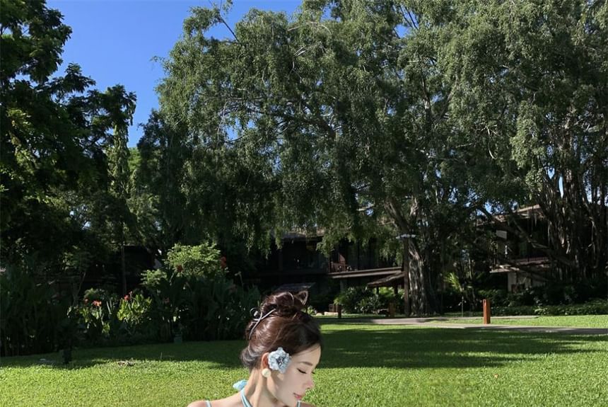 A-Line Open Dress Ruched Back Maxi Halter Plain Accent Floral Neck Layered