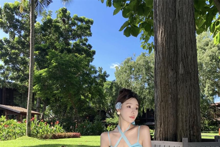 A-Line Open Dress Ruched Back Maxi Halter Plain Accent Floral Neck Layered