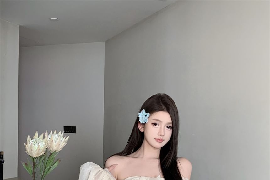 Tunic Long-Sleeve Off-Shoulder Dress Bow Ruched Accent Plain