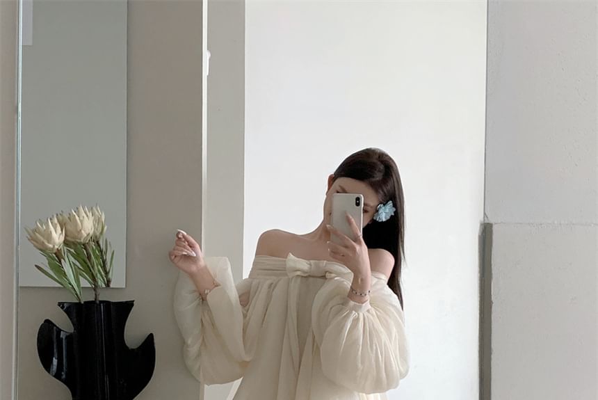 Tunic Long-Sleeve Off-Shoulder Dress Bow Ruched Accent Plain