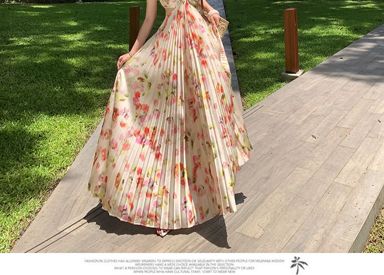 Halter Neck Dress Print Maxi Cutout Pleated Floral Back A-Line Open