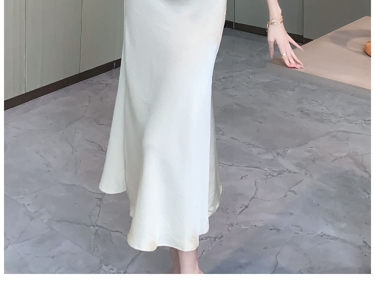 Asymmetrical Midi Sleeveless Cowl Dress Neck Plain Satin Ruched Mermaid
