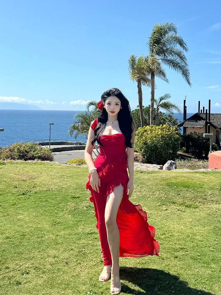 Open Ruffle Slit Back Dress Square Bodycon Plain Maxi Sleeveless Neck Trim