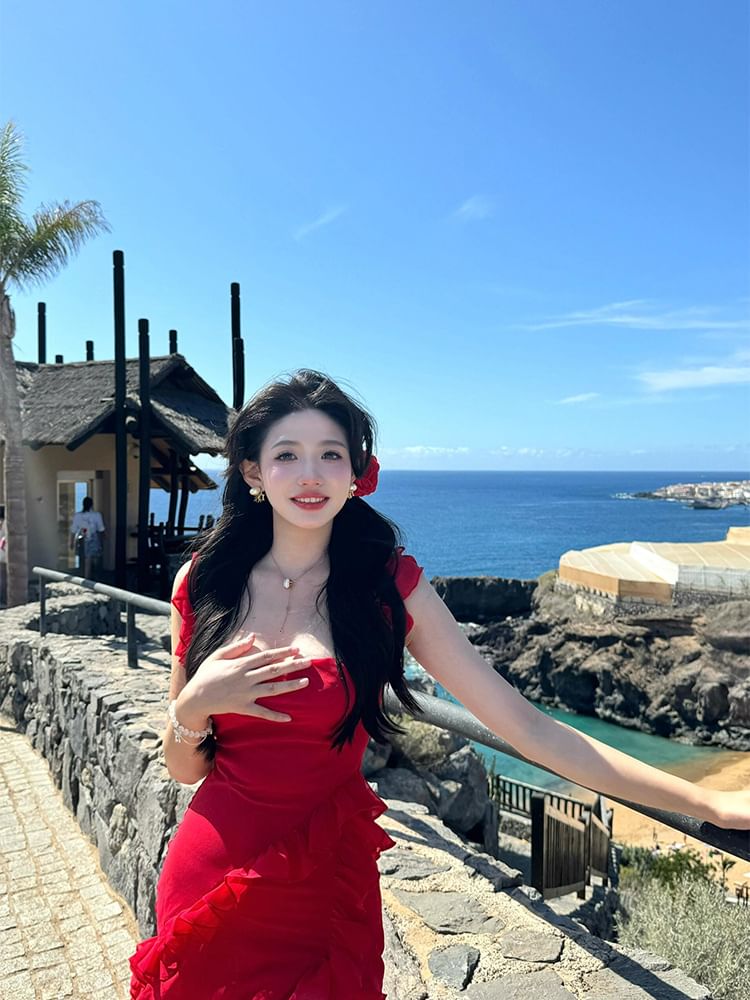 Open Ruffle Slit Back Dress Square Bodycon Plain Maxi Sleeveless Neck Trim