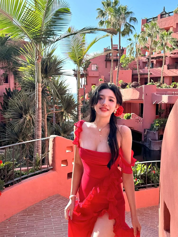 Open Ruffle Slit Back Dress Square Bodycon Plain Maxi Sleeveless Neck Trim