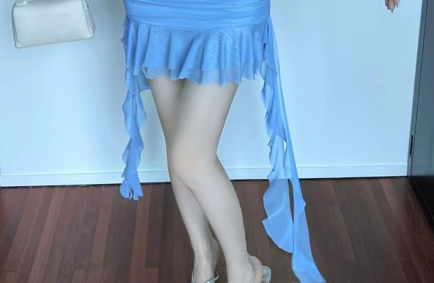 Thin Strap V-Neck Solid Asymmetrical Ruffle Hem Ruched Mesh Mini Bodycon Dress