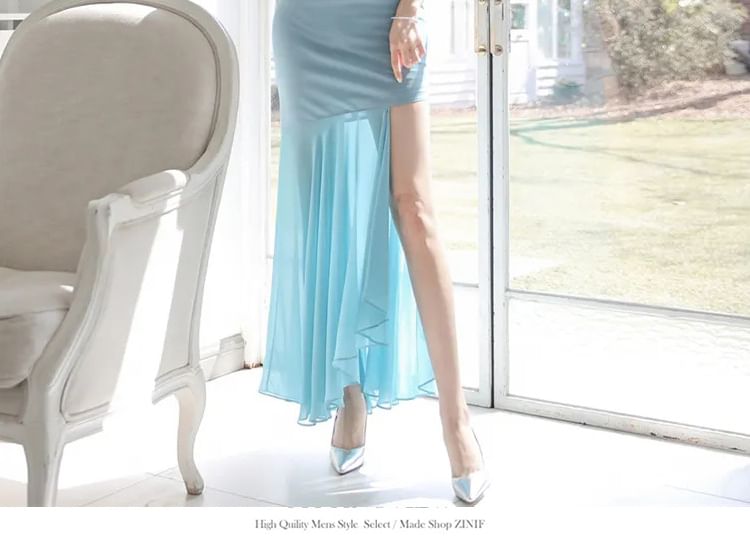 Sleeveless V-Neck Ruched Mermaid Dress with Side Slit