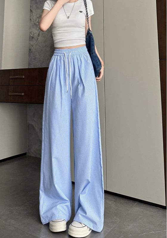 High Rise Drawstring Stripe Wide Leg Sweatpants