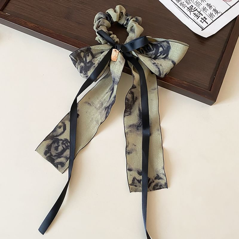 Elegant Retro Floral Print Bowknot Chiffon Hair Scarf Scrunchie