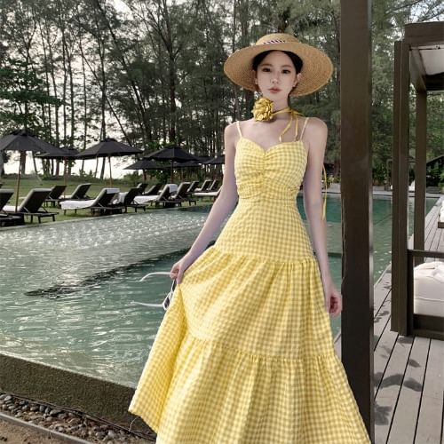Thin Strap Checkered Ruched Maxi A-Line Dress