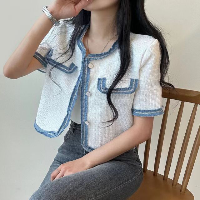 Short-Sleeve Plain Contrast Trim Jacket