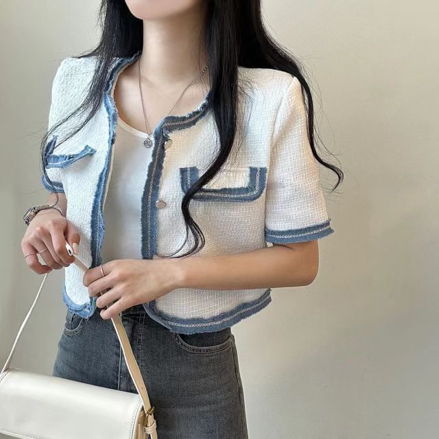 Short-Sleeve Plain Contrast Trim Jacket